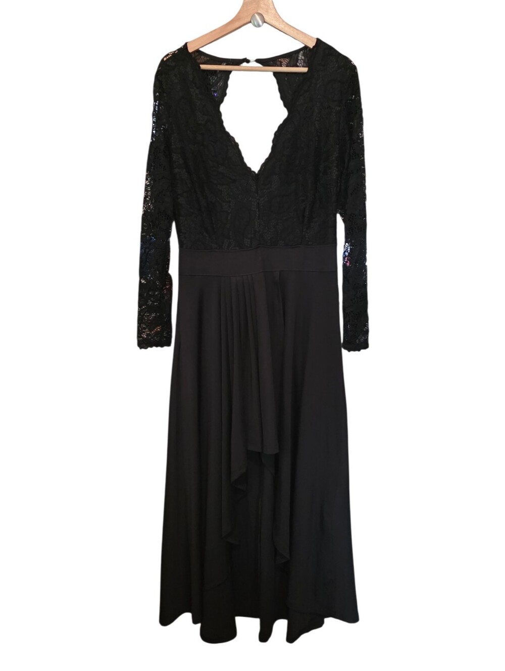 Black Lace V-Neck Longsleeve Top High-Low Satin Bottom Whimsigoth Dress Sz L EUC